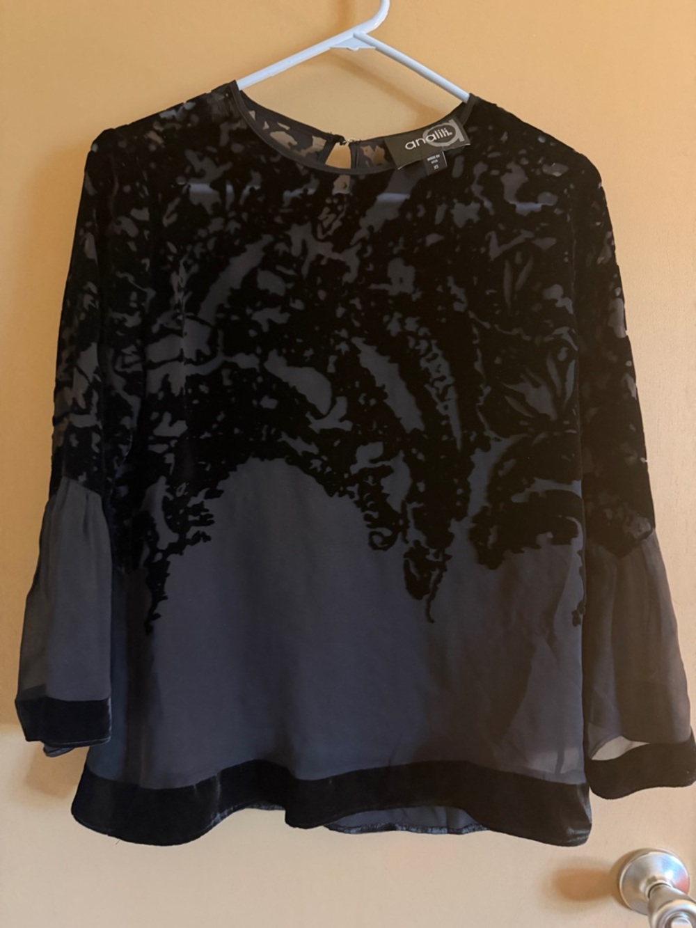 Analili Black Velvet Burnout Blouse with Sheer Navy Panel